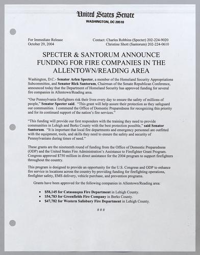 Specter and Santorum announce funding for fire companies in the Allentown/Reading area