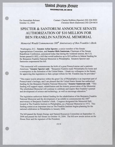 Specter and Santorum announce Senate authorization of $10 million for Ben Franklin National Memorial