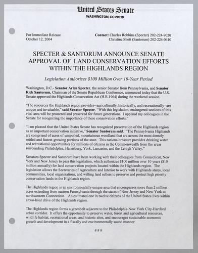 Specter and Santorum announce Senate approval of land conservation efforts within highlands region
