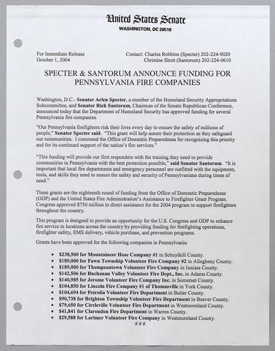 Specter and Santorum announce funding for Pennsylvania fire companies