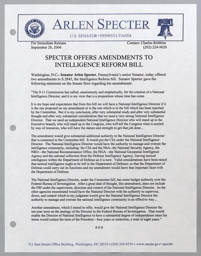 Specter offers amendments to intelligence reform bill