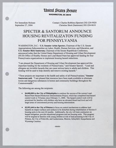 Specter and Santorum announce housing revitalization funding for Pennsylvania