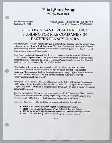 Specter and Santorum announce funding for fire companies in eastern Pennsylvania
