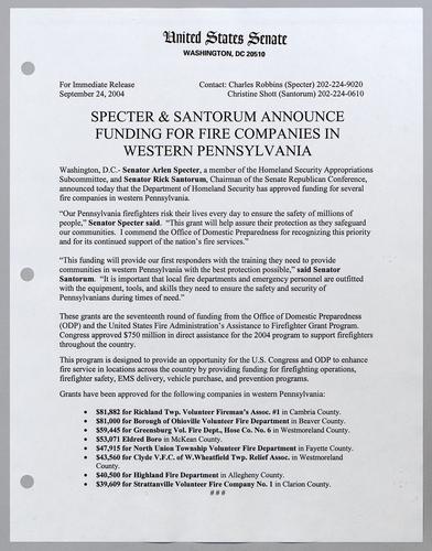 Specter and Santorum announce funding for fire companies in western Pennsylvania