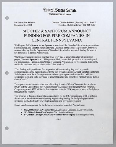 Specter and Santorum announce funding for fire companies in central Pennsylvania