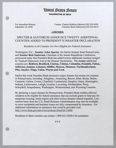 Specter and Santorum announce twenty additional counties added to President's disaster declaration