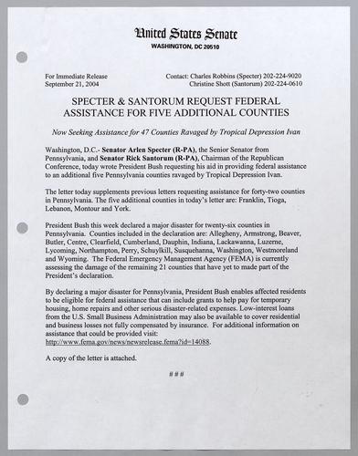 Specter and Santorum request federal assistance for five additional counties