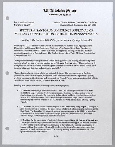 Specter and Santorum announce approval of military construction projects in Pennsylvania