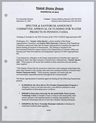 Specter and Santorum announce committee approval of funding for water projects in Pennsylvania