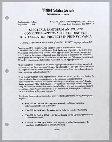 Specter and Santorum announce committee approval of funding for revitalization projects in Pennsylvania