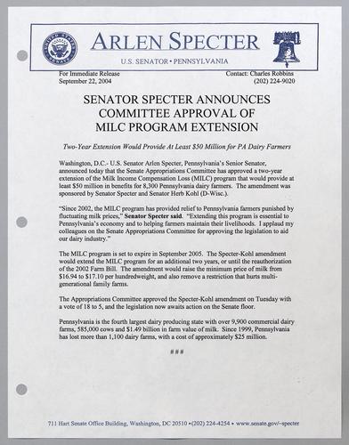 Specter and Santorum announce committee approval of MILC program extension