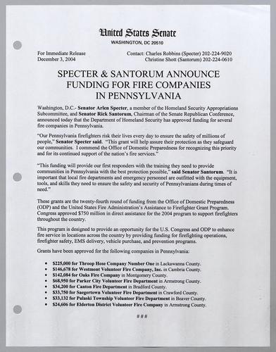 Specter and Santorum announce funding for fire companies in Pennsylvania