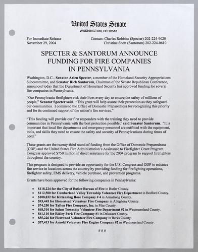 Specter and Santorum announce funding for fire companies in Pennsylvania