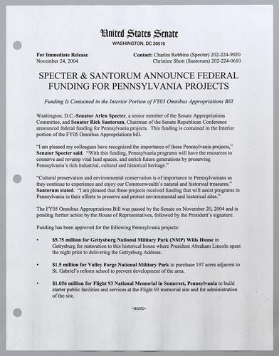 Specter and Santorum announce federal funding for Pennsylvania projects