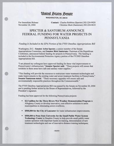 Specter and Santorum announce federal funding for water projects in Pennsylvania