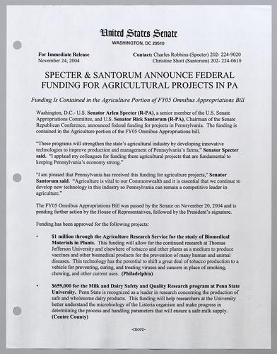 Specter and Santorum announce federal funding for agricultural projects in Pennsylvania