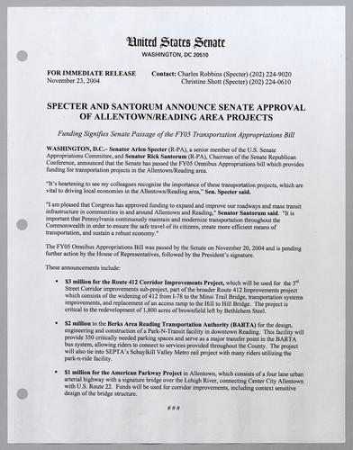 Specter and Santorum announce Senate approval of Allentown/Reading area projects
