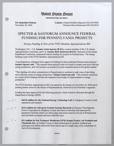 Specter and Santorum announce federal funding for Pennsylvania projects