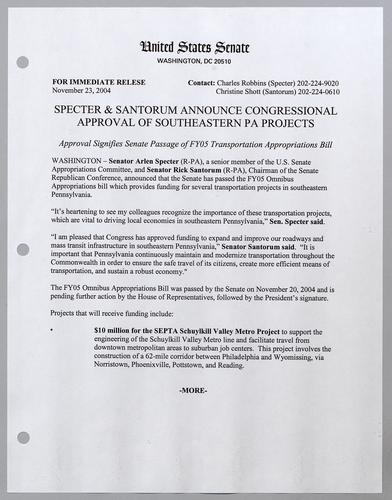 Specter and Santorum announce congressional approval of southeastern Pennsylvania projects