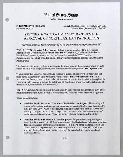 Specter and Santorum announce Senate approval of northeastern Pennsylvania projects
