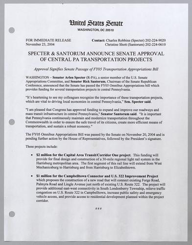 Specter and Santorum announce Senate approval of central Pennsylvania transportation projects