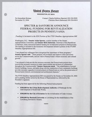 Specter and Santorum announce federal funding for revitalization projects in Pennsylvania