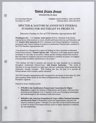 Specter and Santorum announce federal funding for southeast Pennsylvania projects