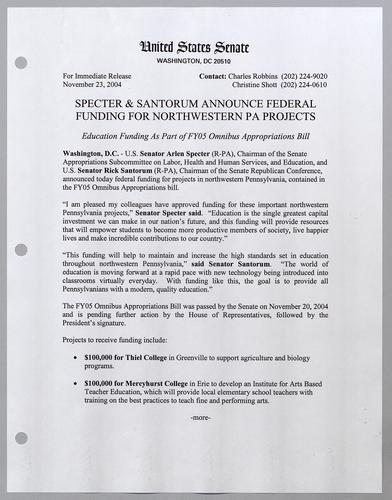Specter and Santorum announce federal funding for northwestern Pennsylvania projects