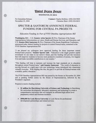 Specter and Santorum announce federal funding for central Pennsylvania projects
