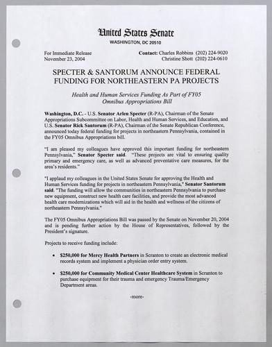 Specter and Santorum announce federal funding for northeastern Pennsylvania projects