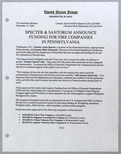 Specter and Santorum announce funding for fire companies in Pennsylvania