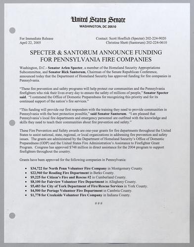 Specter and Santorum announce funding for Pennsylvania fire companies