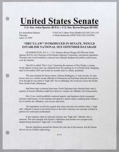 "Dru's Law" introduced in Senate, would establish national sex offender database