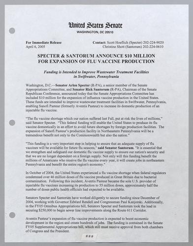 Specter and Santorum announce $10 million for expansion of flu vaccine production