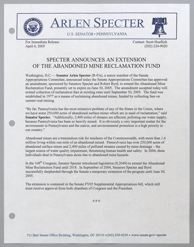 Specter announces an extension of the abandoned mine reclamation fund