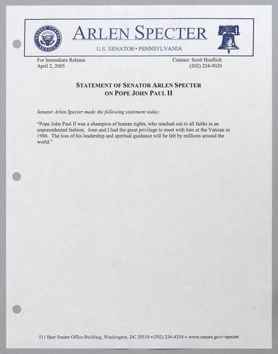Statement of Senator Arlen Specter on Pope John Paul II