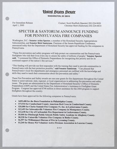 Specter and Santorum announce funding for Pennsylvania fire companies