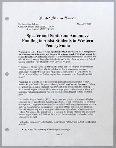 Specter and Santorum announce funding to assist students in western Pennsylvania
