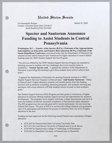Specter and Santorum announce funding to assist students in central Pennsylvania