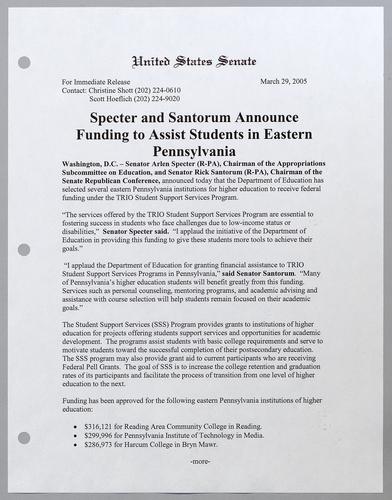 Specter and Santorum announce funding to assist students in eastern Pennsylvania