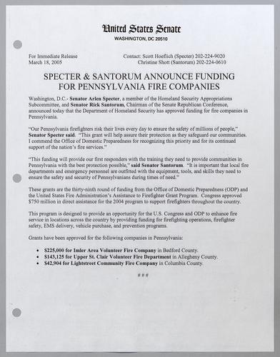 Specter and Santorum announce funding for Pennsylvania fire companies