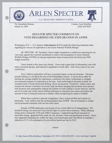Senator Specter comments on vote regarding oil exploration in Arctic National Wildlife Refuge