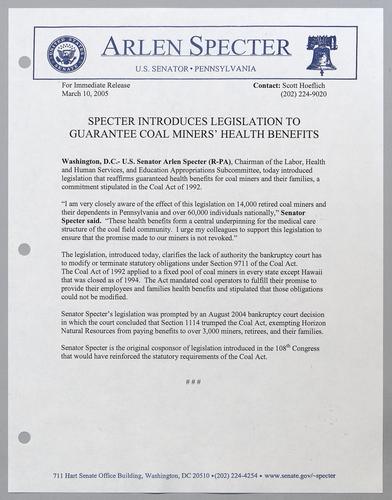 Specter introduces legislation to guarantee coal miners health benefits