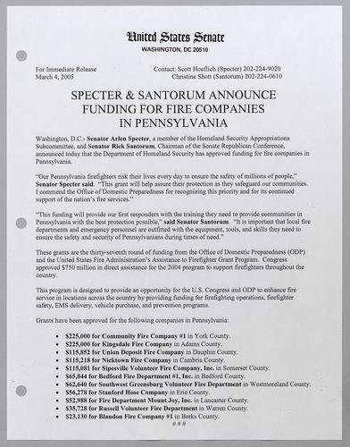 Specter and Santorum announce funding for fire companies in Pennsylvania