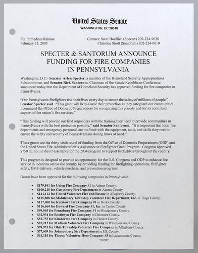 Specter and Santorum announce funding for fire companies in Pennsylvania