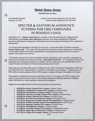 Specter and Santorum announce funding for fire companies in Pennsylvania
