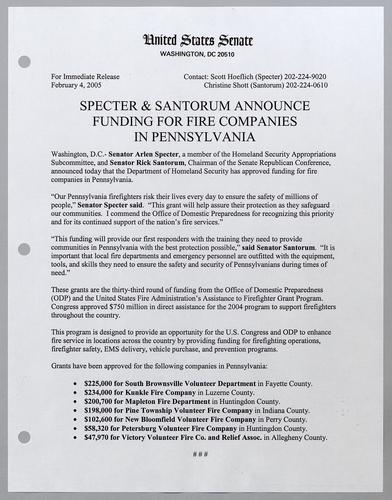 Specter and Santorum announce funding for fire companies in Pennsylvania