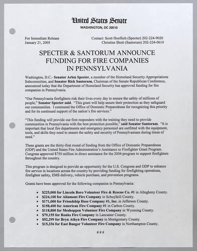 Specter and Santorum announce funding for fire companies in Pennsylvania