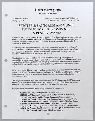 Specter and Santorum announce funding for fire companies in Pennsylvania