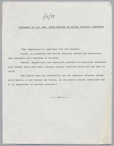 Statement of U.S. Senator Arlen Specter on Social Security agreement